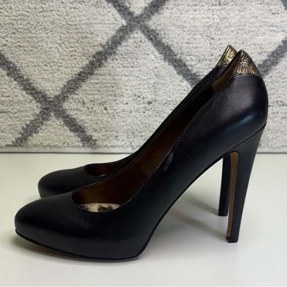 Sam Edelman Women’s 9.5 Black/Gold Heels Platform Leather Pumps Stiletto 4” Heel - Picture 3 of 10